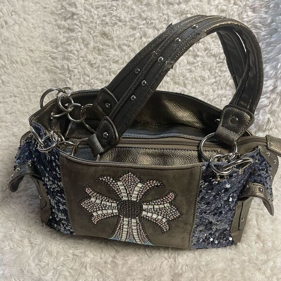 Stylish Blue &Silver Rhinestones cross embroidery & sequins metallic gray Bag - Picture 7 of 16